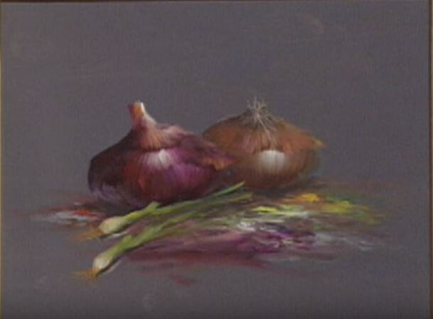 Dessin et peinture - vidéo 1647 : Nature morte aux oignons - huile sur toile.