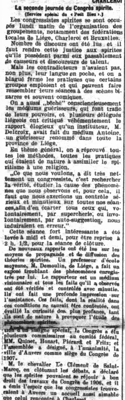 Charleroi - La seconde journée du Congrès spirite (Le Petit bleu du matin, 5 juin 1906)(Belgicapress)