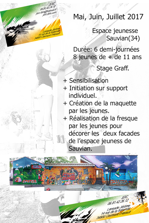 Stage graff espace jeunesse Sauvian (34) mai, juin, juillet 2017. Réalisation d'une oeuvre par les jeunes decoration de tout l'exterieur de la structure. 