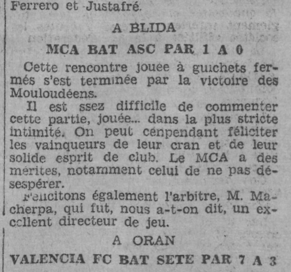 Dimanche 29.5.1932 à Blida Barrage maintien MCA-AS Castiglione 1-0