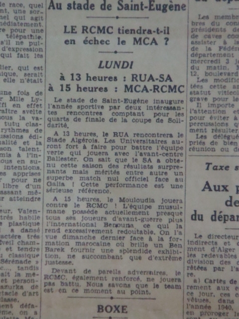 Lundi 1.1.1940 St Eugéne quart coupe Solidarité MCA-RCMC 4-1