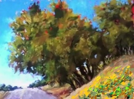 Dessin et peinture - vidéo 2008 : Le bosquet d'arbres en bordure de route - pastel sur papier.