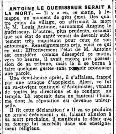 Antoine le Guérisseur serait à la mort (La Meuse, 24 juin 1912)(Belgicapress)