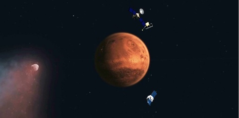 Vue d'artiste représentant le passage de la comète à proximité de Mars. NASA/JPL