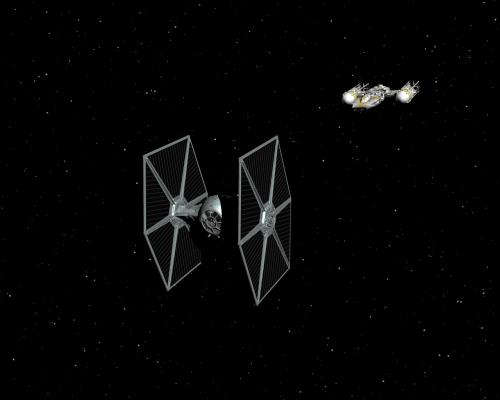 Scène de combat entre un vaissau Rebelle et un Tie fighter