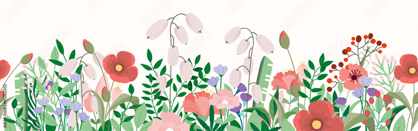 Flower and leaves seamless background vector. Blooming flowers collection with leaves, floral bouquets. Spring art wallpaper with botanical elements. Horizontal banner design for the spring holiday