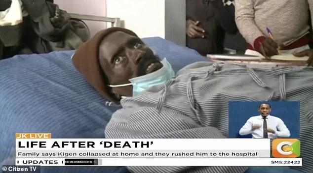 Peter Kigen (pictured), 32, was presumed dead on Tuesday after he collapsed at his home in Kenya and was rushed to Kapkatet hospital in Kericho county, reported local media