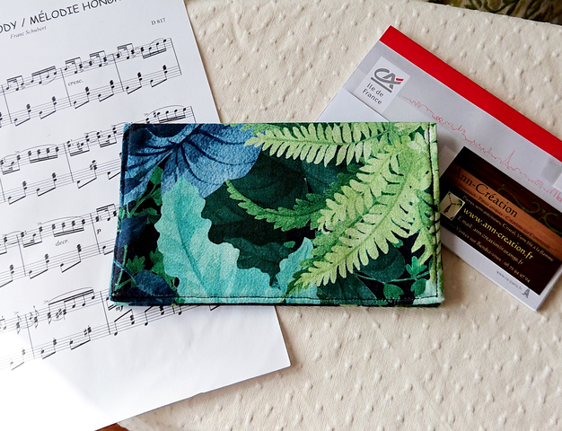 Porte chéquier / Porte-cartes tissu coton vert-bleu forêt tropicale 11,3 x 19,5 cm