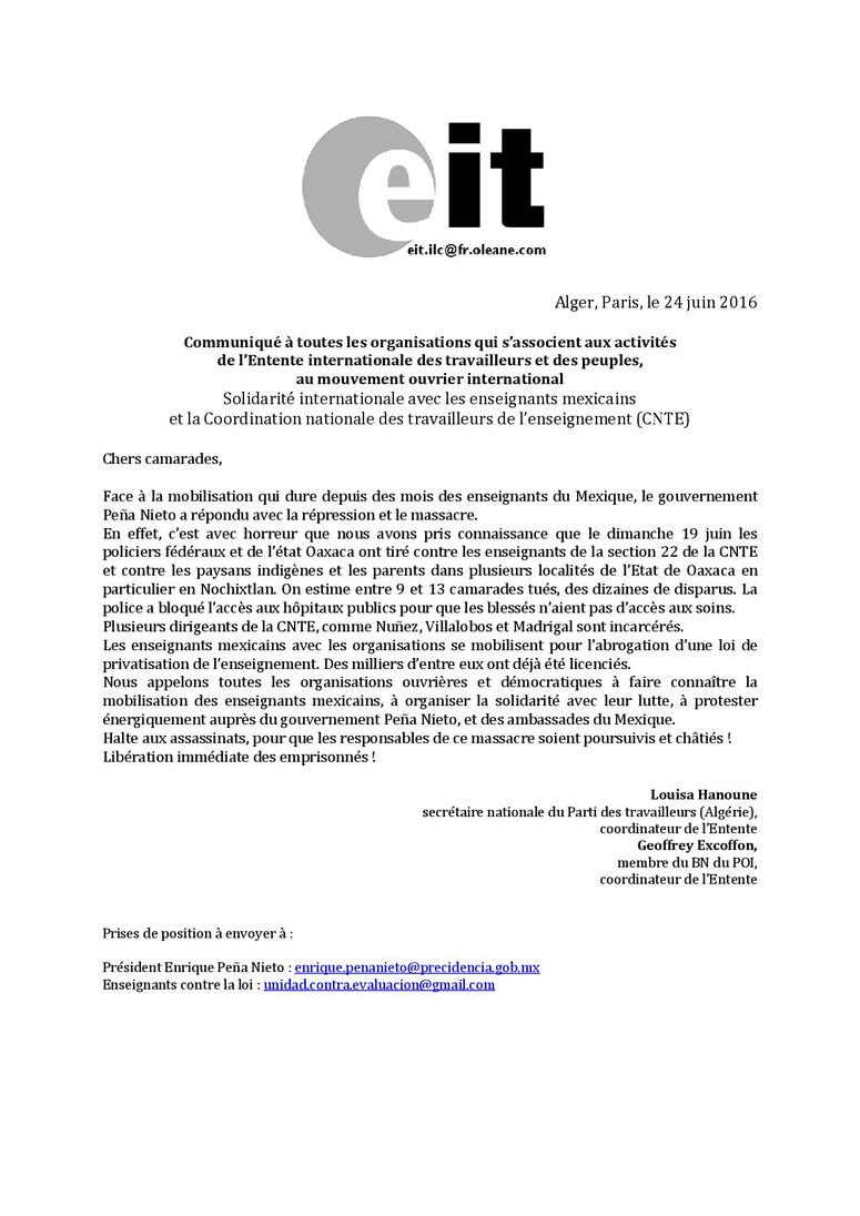 E.I.T Communiqué Solidarité internationale avec les enseignants mexicains et la Coordination nationale des travailleurs de l’enseignement (CNTE) 