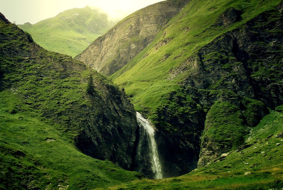 Montagnes, Alpine, Chute D'Eau, Vert, La Lumière, Sun