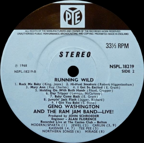 Geno Washington & The Ram Jam Band : Album " Running Wild " Pye Records NSPL. 18219 [ UK ] en 1968