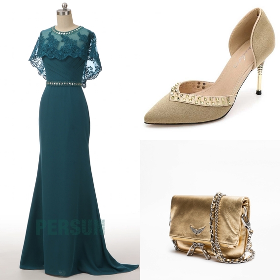 robe de soirée longue vert pin sirène avec cape en dentelle florale taille ornée de bijoux
