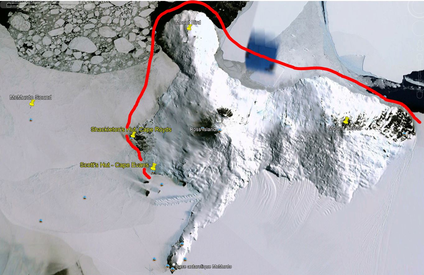 28/02/2022 : notre progression va se terminer à Scott's Hut au Cap Evans  dans le Détroit McMurdo (McMurdo Sound) avant la très longue navigation  retour - Ross Island - Antarctique - Images