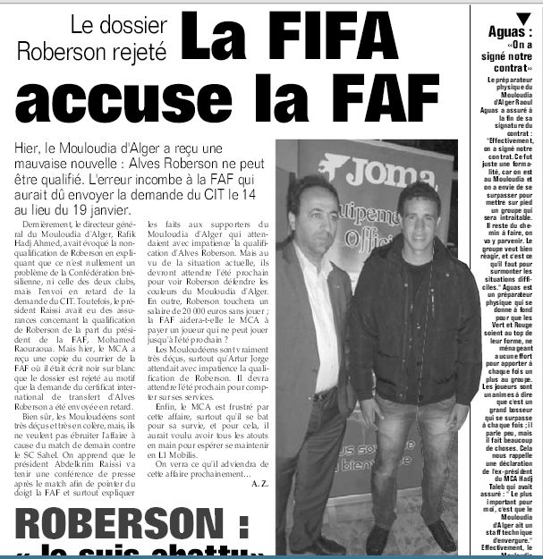 Roberson le brésilien non qualifié ne jouera pas au Mouloudia