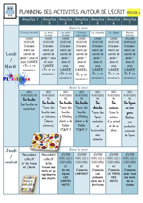 Période 5 Planning des activités Vers l'écriture MS/GS