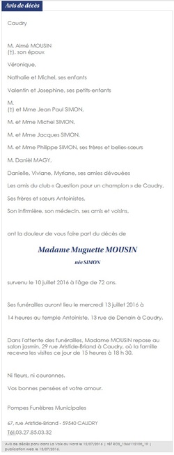 Muguette Mousin, désincarnation (Caudry)