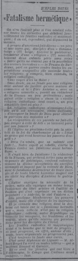 Fatalisme hermétique (L'Express du Midi, 26 juillet 1912)