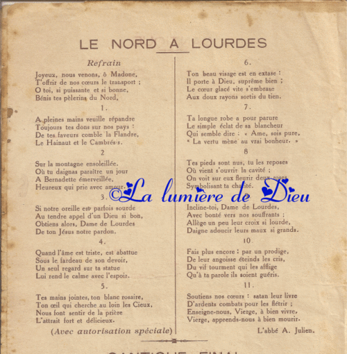 Cantiques pour la fête d'été de l'association des brancardiers et infirmiers du Nord à Lourdes