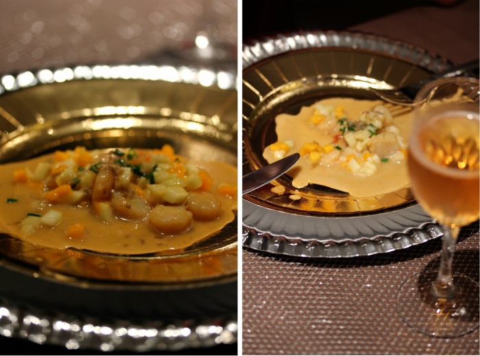 Saint-jacques, dés de fruits et sauce émulsionnée au gingembre