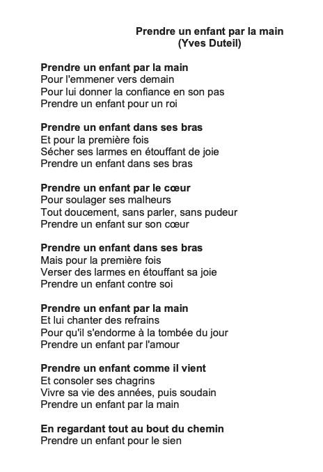 Paroles « Prendre un enfant par la main »