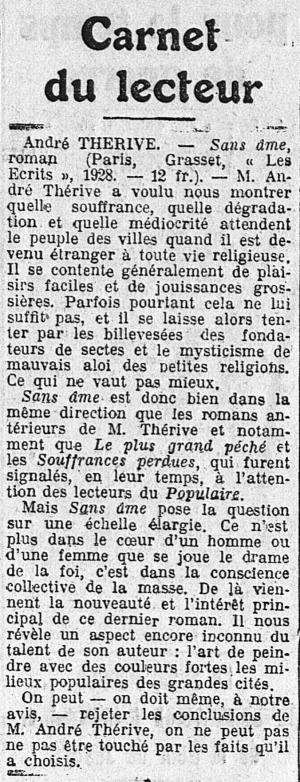 André Thérive, Sans Ame (Le Populaire -Parti socialiste SFIO, 15 février 1928)