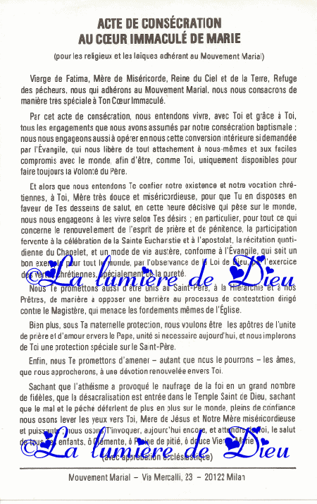 Acte de consécration au Cœur Immaculé de Marie (Pour les religieux et les laïcs adhérant au Mouvement Marial)