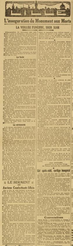 L'inauguration du Monument aux Morts (Le Grand écho du Nord, 22 mai 1927)