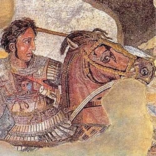 Alexandre chevauchant Bucéphale à la bataille d'Issos, mosaïque Pompéi.jpg