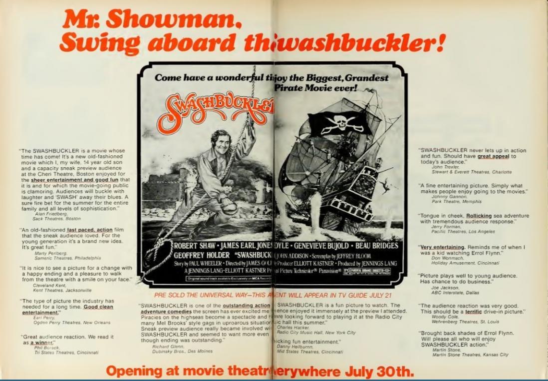 SWASHBUCKLER BOX OFFICE USA 1976