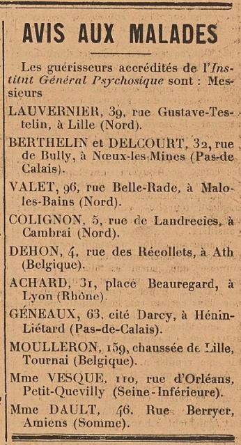 Guérisseurs de l'Institut Général Psychosique (Le Biéniste, 1er juin 1922)