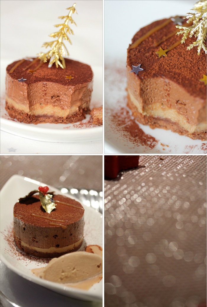 Entremets au chocolat, feuillantine pralinée et crème au café