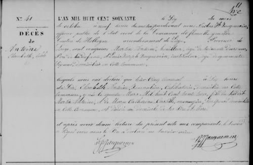 Acte de décès de (Marie) Elisabeth Antoine le 6 oct 1860