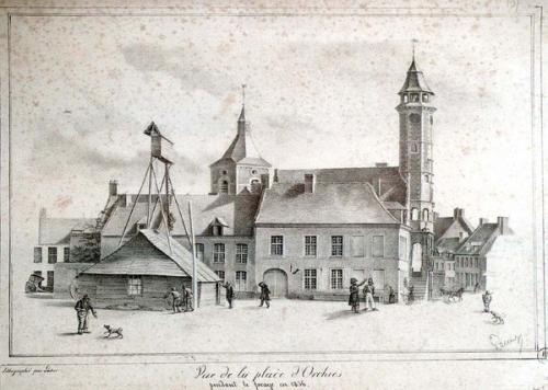 Vue de la place d' Orchies pendant le forage de 1836 (Lithographie)(numerique.bibliotheque.bm-lille.fr)