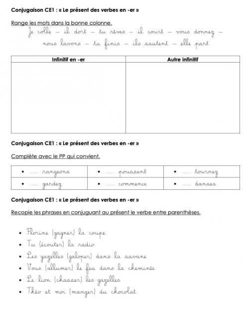 Fiche d’exercices CE1 sur le présent des verbes en -er