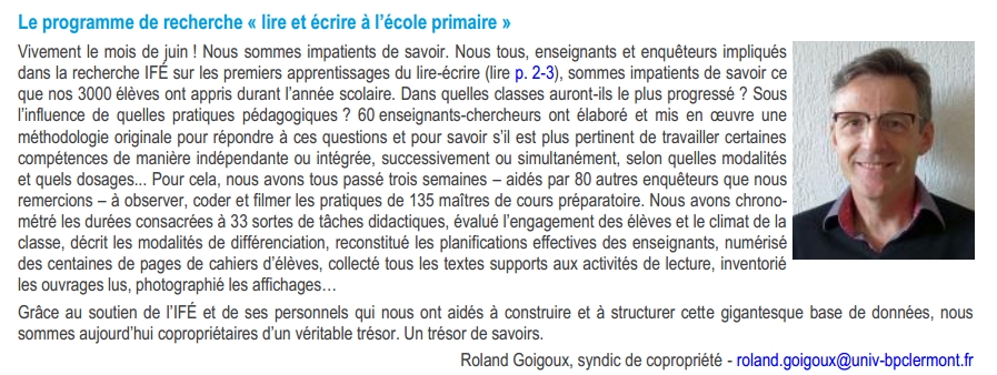 Enquête Goigoux sur les pratiques pédagogique au cours préparatoire (Recherche "Lire et écrire entre 5 et 8 ans")