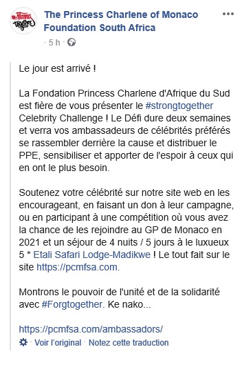 Le challenge 'strongtogether' de la fondation Princesse Charlène South Africa a commencé