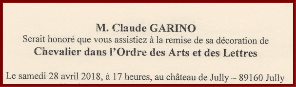 Claude Garino a été fait Chevalier dans l'ordre des Arts et des Lettres par Françoise Nyssen, Ministre de la Culture