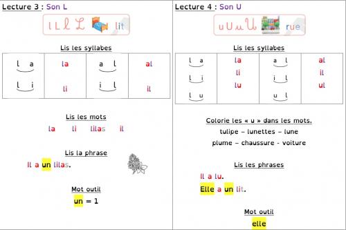 Lecture adaptée CP : fiche de lecture - son L et son U