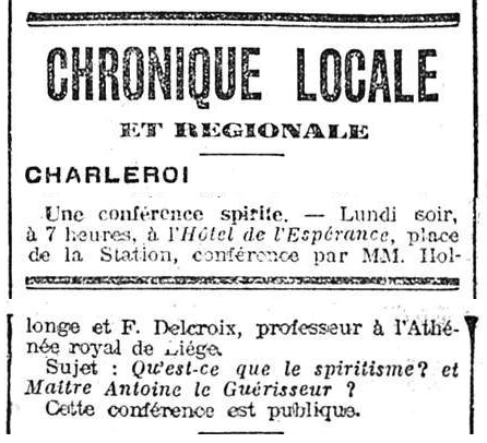 Une conférence spirite (Gazette de Charleroi, 5 septembre 1906)(Belgicapress)