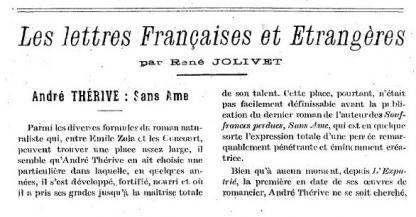 André Thérive, Sans âme (critique par René Jolivet)