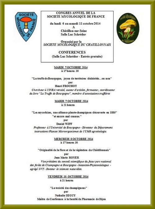 Liste des conférences mycologiques qui auront lieu  entre le 6 et le 12 octobre 2014, à Châtillon sur Seine