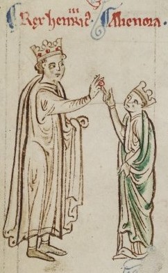 Miniature représentant Éléonore de Provence faisant face à son époux le roi d’Angleterre, Henri de Plantagenêt