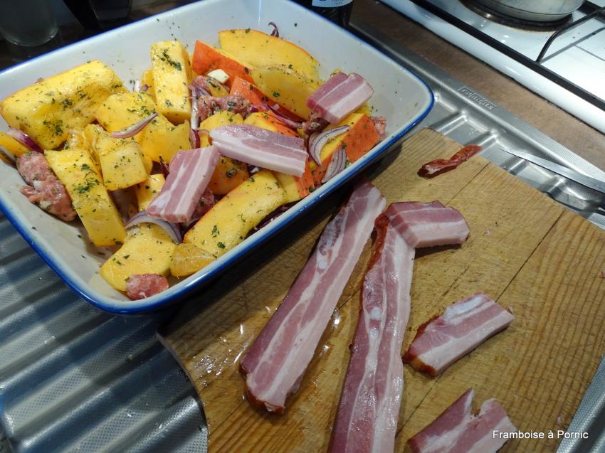 Potiron rôti, lard fumé et chipolatas