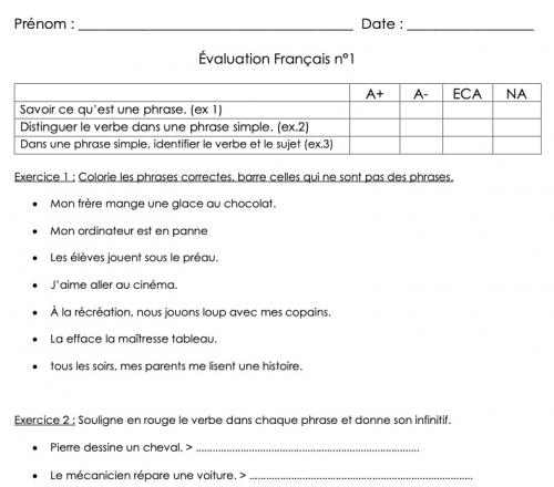 Eval grammaire n°1 CE1 (année scolaire : 2024/2025)