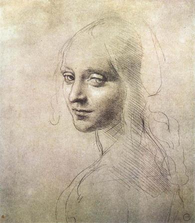 Dessin du portrait en buste d'une jeune femme dont le visage tourné par dessus l'épaule gauche fait face.