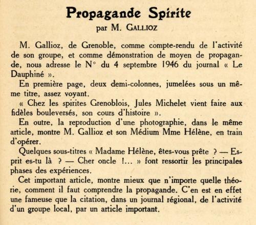 Propagande Spirite à Grenoble, par M. Gallioz (Spiritisme, 1946, Congrès Spirite Français)