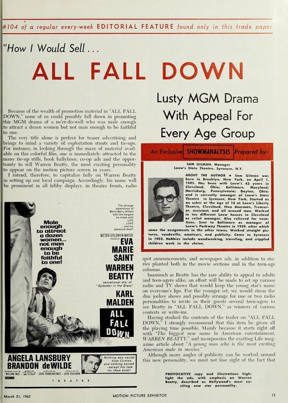 ALL FALL DOWN BOX OFFICE USA 1962