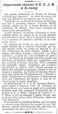 Importante réunion d'A.C.J.B. à Seraing (Journal de Bruxelles, 20 avril 1925)(Belgicapress)