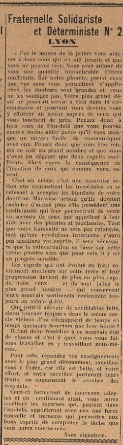 Fraternelle Solidariste et Déterministe N°2 - Lyon (Le Biéniste 1er avril 1922)
