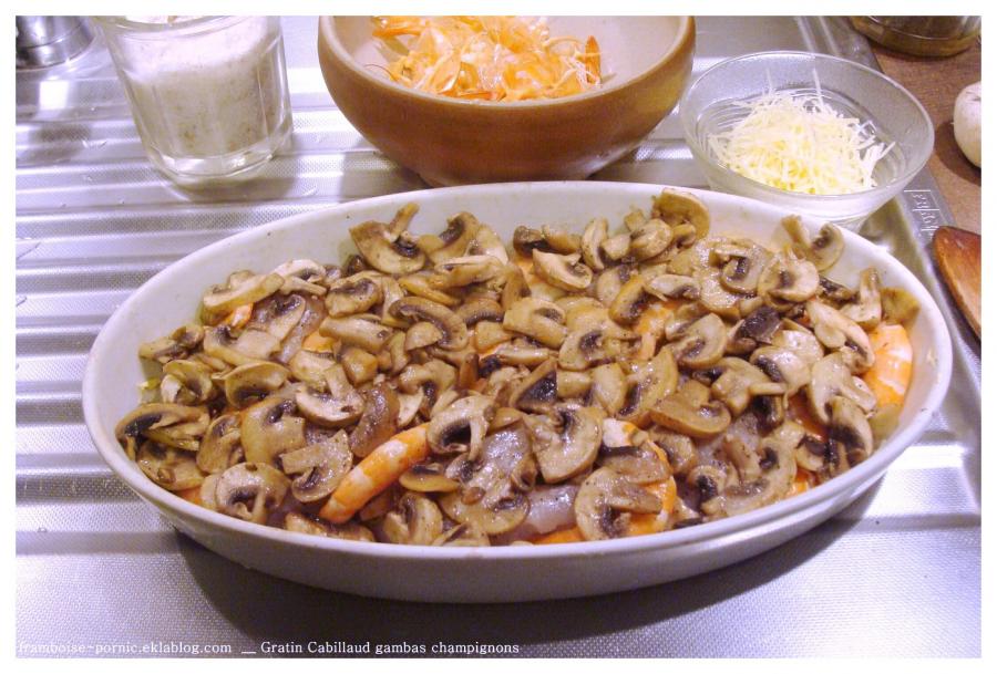 Gratin de dos cabillaud gambas et champignons